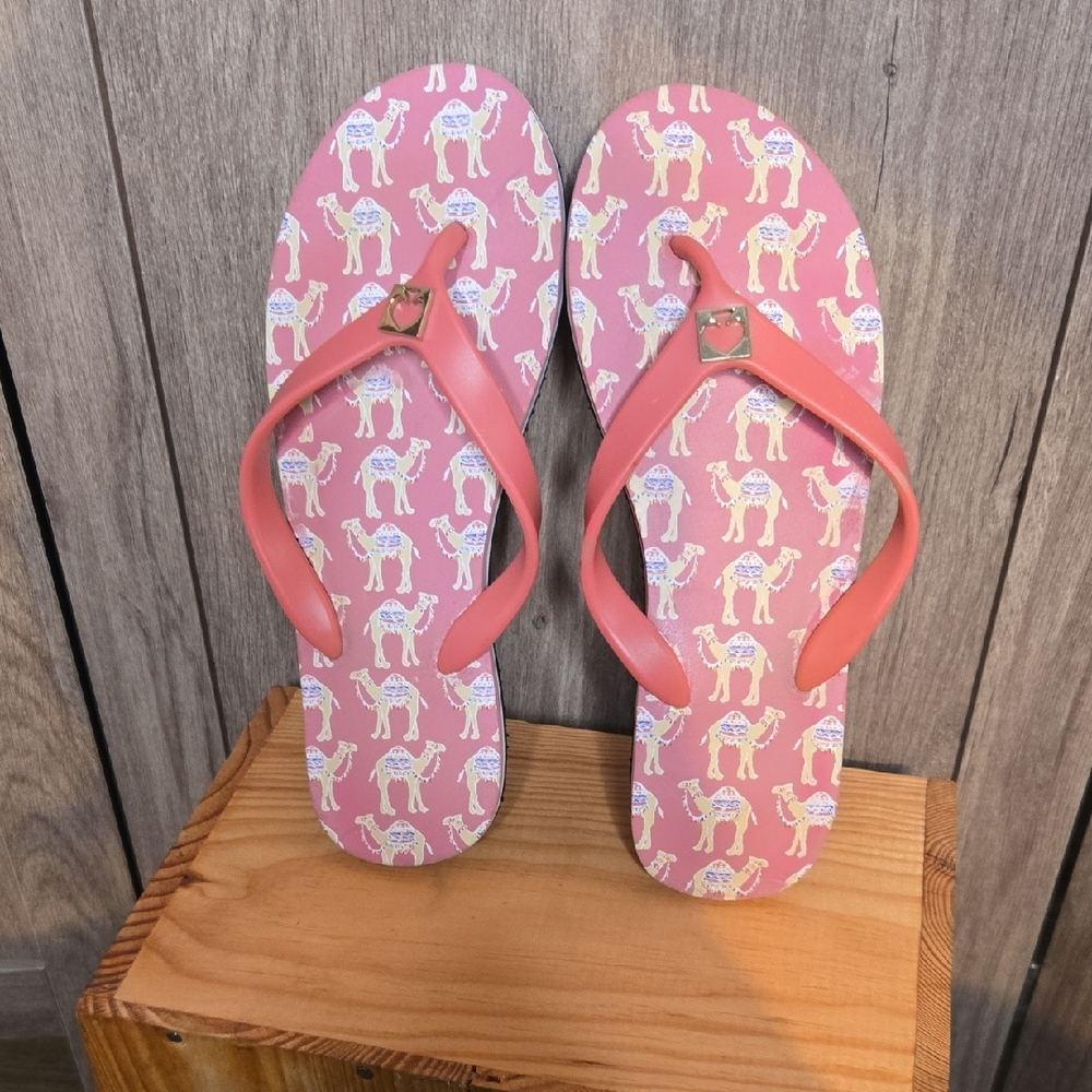 Kate Spade Pink Flip Flops with camel Print